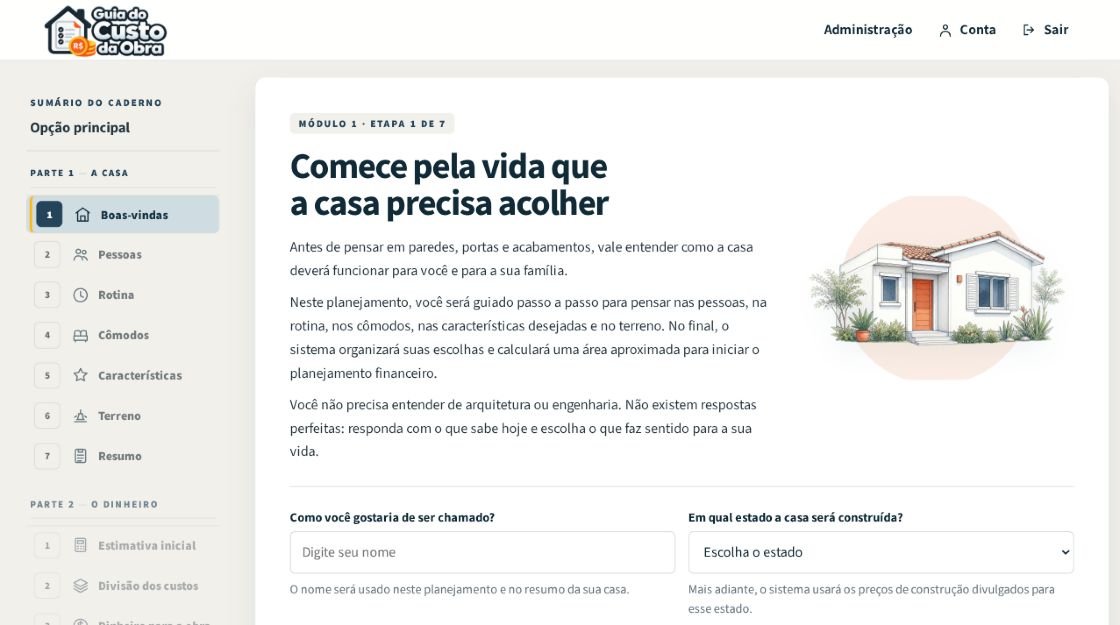 Tela real do Guia do Custo da Obra, com as etapas do planejamento da casa.